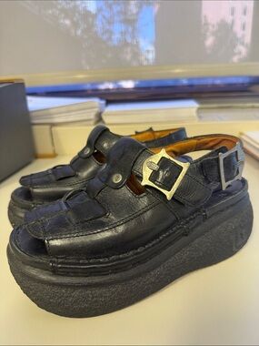 Y2K vintage Underground Black Leather Platform Sandals with Silver Buckles